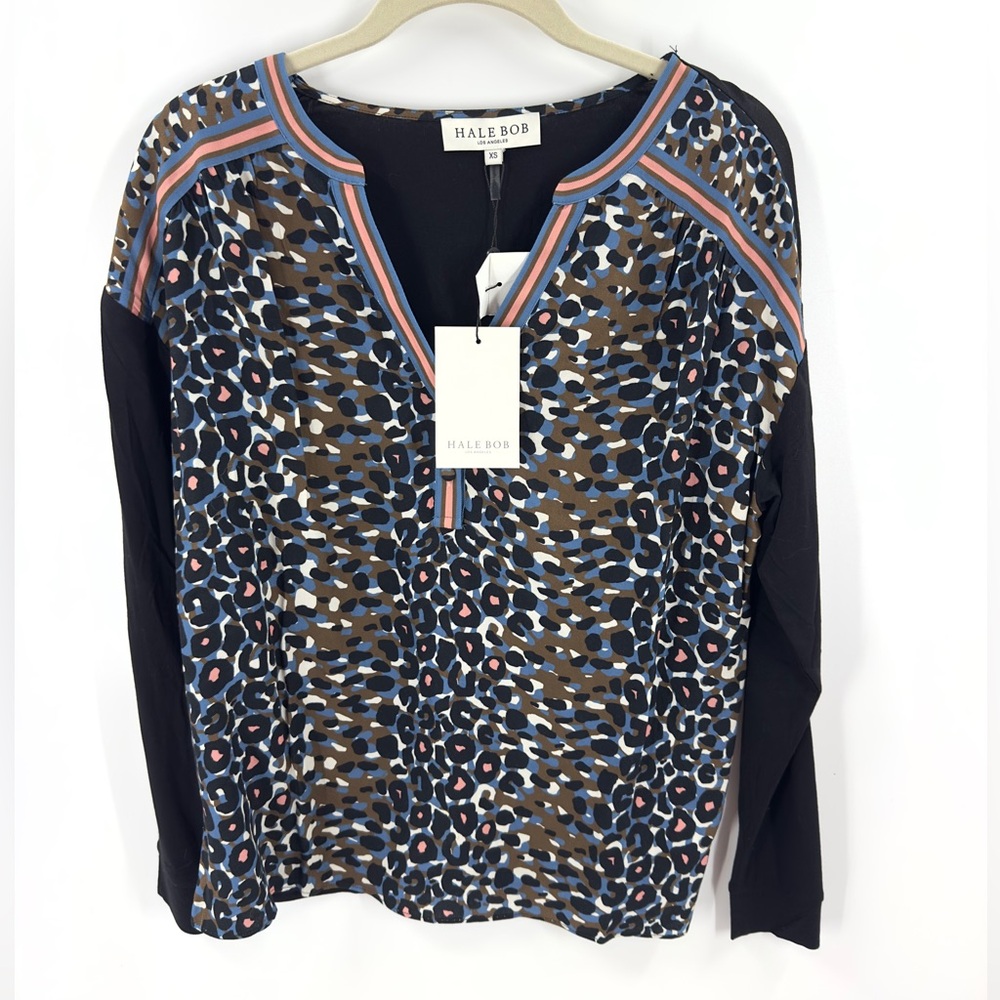 Hale Bob Top Womens XS Leopard Soft Stretch Animal Print Casual Henley NWT